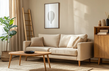A minimalist style living room. There is a white sofa in the room with two cushions on it. In front of the sofa is a wooden coffee table