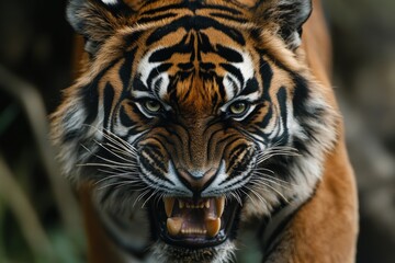 Fototapeta premium A tiger with its mouth open and smoke coming out of it
