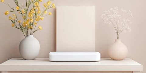 Elegant vases with yellow and white flowers on a beige backdrop, paired with a minimalist rectangular object.