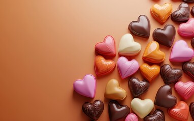 Fototapeta premium n assortment of colorful heart-shaped candies and chocolates, artistically arranged on a warm rose-gold-to-champagne gradient background. Valentines Day and 8 March theme