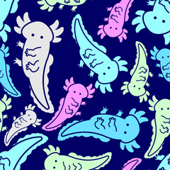 Cute axolotl pattern seamless. Little Amphibian Salamander background. Ornament of kids fabric