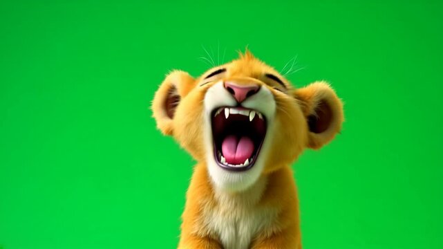 Cute lion cub, green screen, joyful expression, animation, video editing