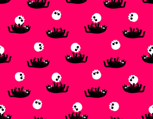 Cat plays with skull pattern seamless. Cat and skeleton head background.