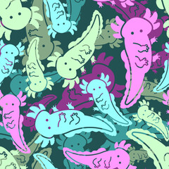 Cute axolotl pattern seamless. Little Amphibian Salamander background. Ornament of kids fabric