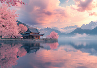 Fototapeta premium A beautiful landscape painting of a traditional East Asian style building on an island surrounded by pink and red trees.