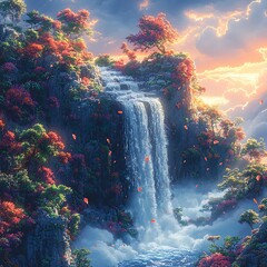 Fototapeta premium Surreal vector artwork depicting a mesmerizing waterfall flowing upwards, defying gravity on an alien landscape, surrounded by vibrant flora, white background ::2 anti-gravity phenomenon, ethereal 