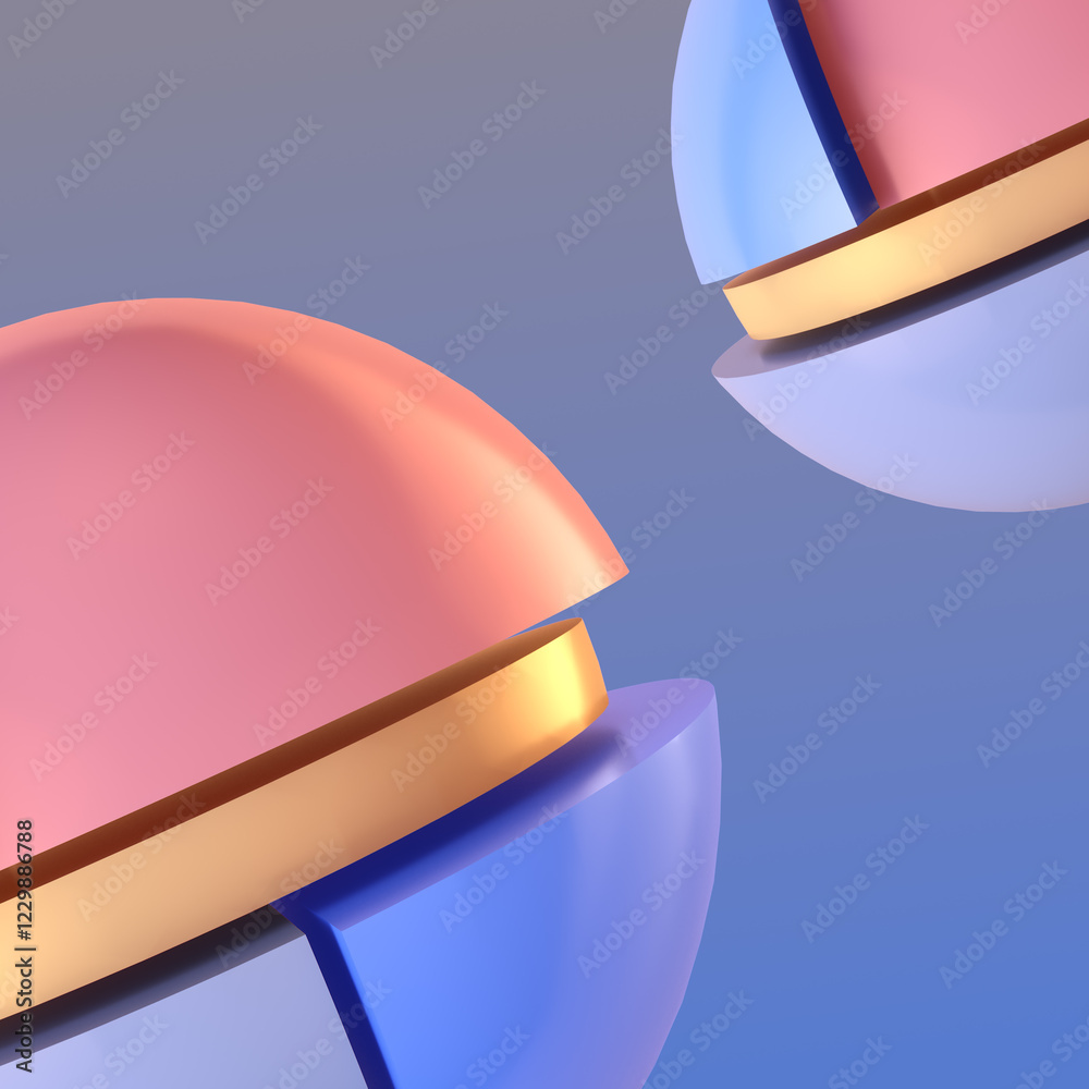 Poster Three-dimensional abstraction of a sphere composed of segments in bright pink and blue hues. 3d rendering illustration