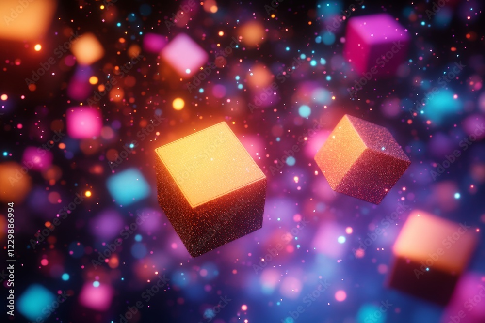Poster colorful geometric shapes floating in a vibrant abstract space with glowing particles