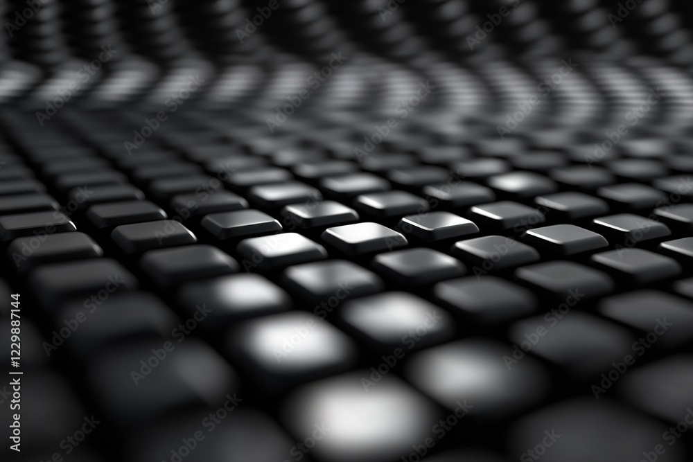 Poster a minimalistic grid pattern in black and white features glowing edges, creating a futuristic aesthet