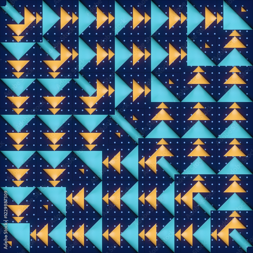 Poster abstract illustration of orange and blue triangles on a navy blue background. 3d rendering