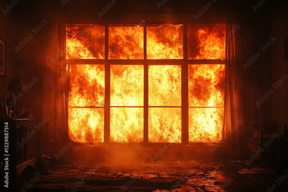 Poster flames engulf a room as a fire rages outside a large window in the evening light