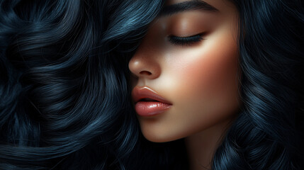 Fototapeta premium Close-Up of a Woman with Shiny Black Wavy Hair – Perfect for Beauty, Haircare, and Fashion Advertisements, Salon Branding, and Cosmetic Product Promotions