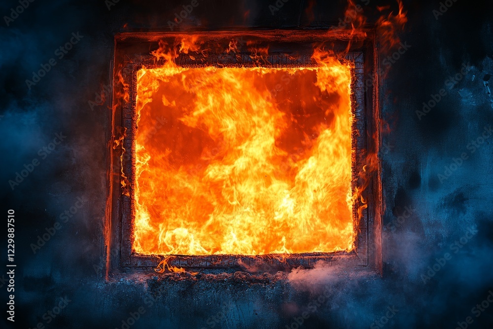 Aufkleber Flames burst from a frame in a darkened environment creating a striking contrast of light and shadows