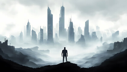 Silhouetted man contemplates a futuristic city shrouded in mist, evoking themes of ambition, uncertainty, and the future.