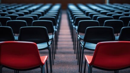 Obraz premium Two Red Chairs in a Sea of Black Seats