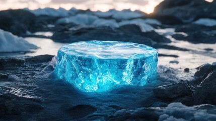 Luminous Ice Block on Glacial Rocks at Sunset