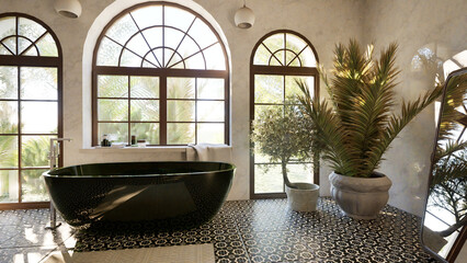 3d render of a luxurious bathroom interior with large arched windows, green bathtub, decorative floor tiles and lush indoor plants. Bright and cozy. Spa, relax, body care. Natural elegant atmosphere