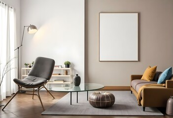 A modern living room featuring a beige wall and a large blank canvas. There is a round, dark-colored rug on the tiled floor. 