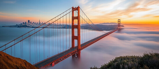 Obraz premium An amazing sight, the bridge is shrouded in thick fog, and the lights on the bridge look particularly warm and charming in the fog. style