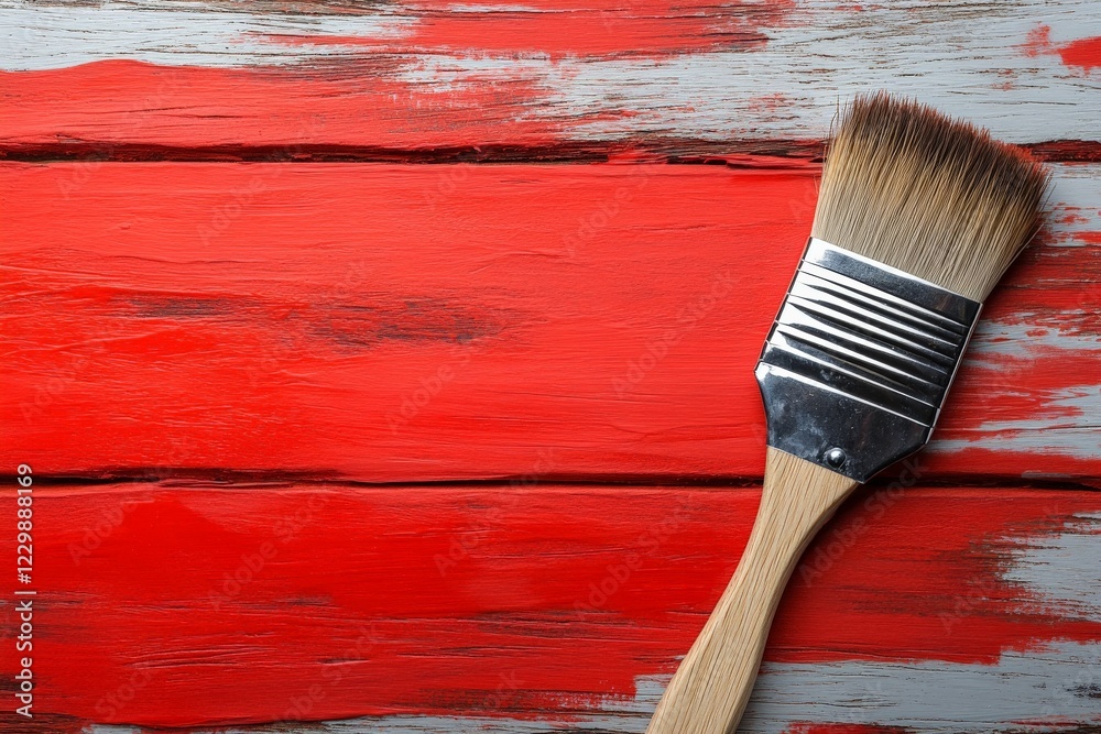 Poster brush resting on freshly painted wooden surface in vibrant red color showcasing art in progress
