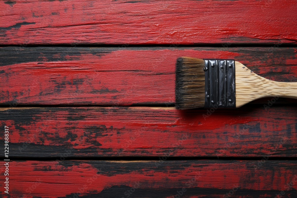 Poster artisan brush resting on a weathered red and black wooden surface showing strokes and texture