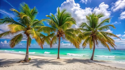 Obraz premium Palm trees swaying gently in the warm summer breeze on a serene Mexican beach with crystal-clear turquoise waters and powdery white sand , waves, palm tree