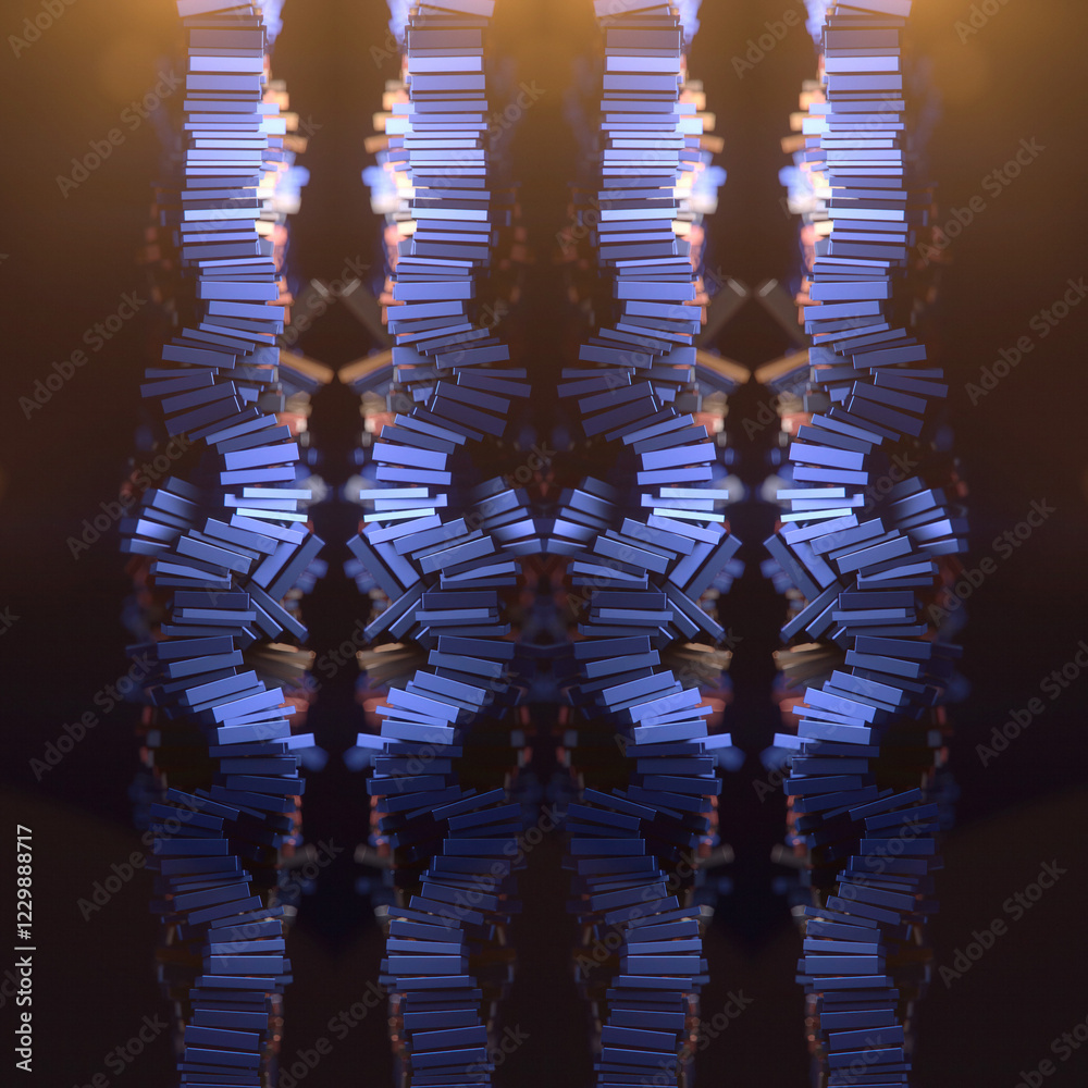 Poster Symmetrical pattern of shiny metallic rectangular elements assembled in wavy lines. 3d rendering illustration