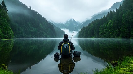 Lone angler fishing serene mountain lake, misty peaks background; outdoor recreation