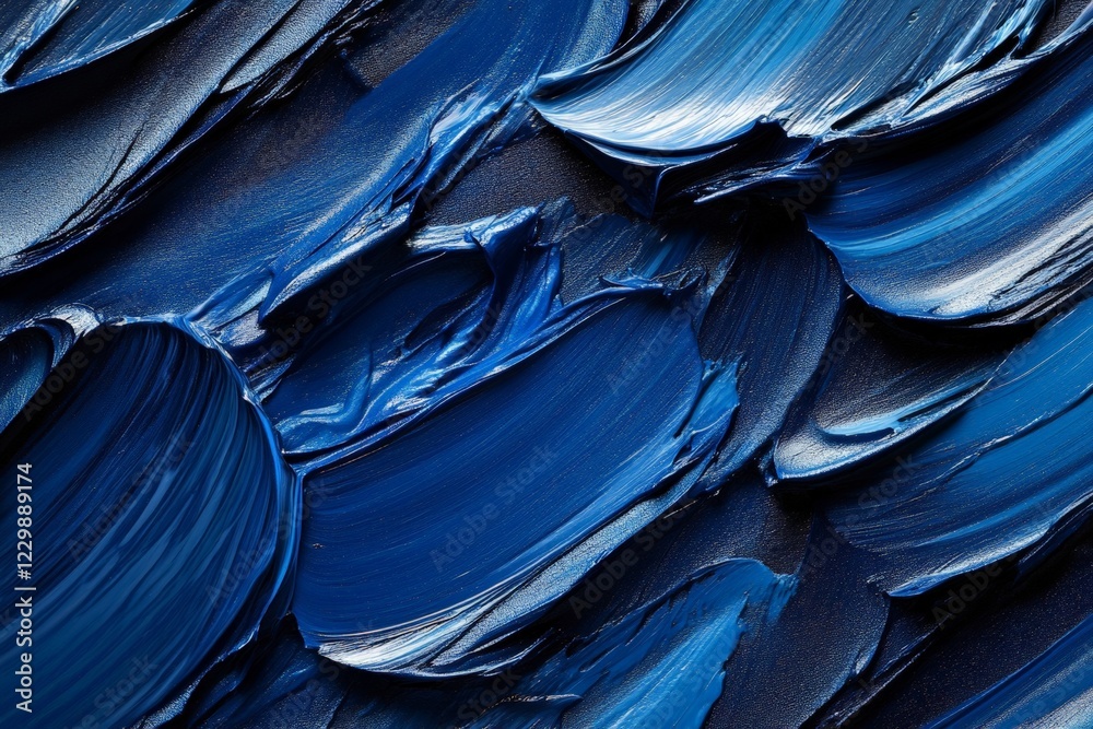 Leinwandbilder Layers of deep blue paint create a textured surface with dynamic movement and depth in an artistic composition