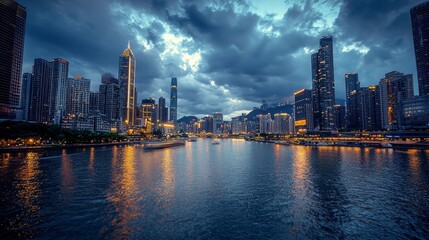 Fototapeta premium Night Cityscape: Illuminated Skyscrapers Reflecting on Calm Waters