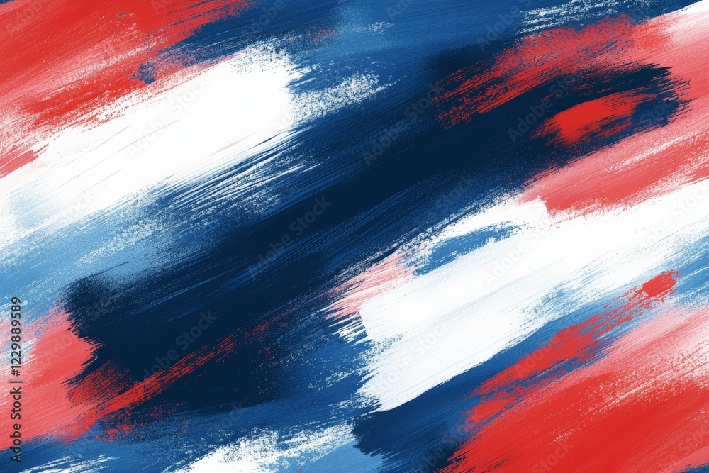 Poster abstract brush strokes in red, white, and blue colors creating a vibrant textured background