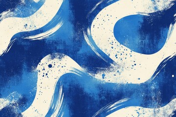 Bold abstract wave pattern in blue and white with artistic brush strokes and splashes of paint