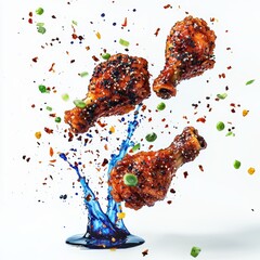 Spicy Korean-style fried chicken flying with a deep blue soy-garlic glaze explosion, bright white background