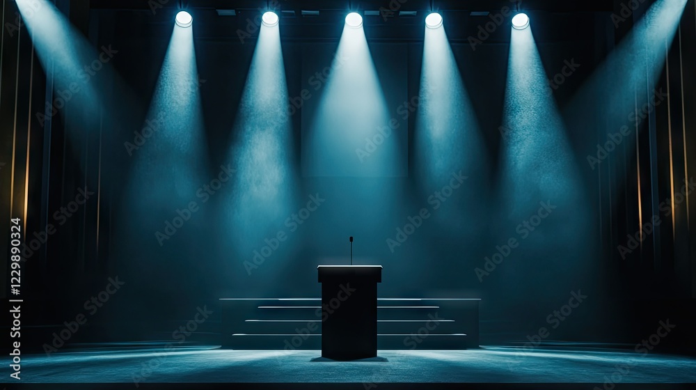 Canvas Prints a cinematic scene with multiple spotlights focusing on an empty podium in a darkened hall.