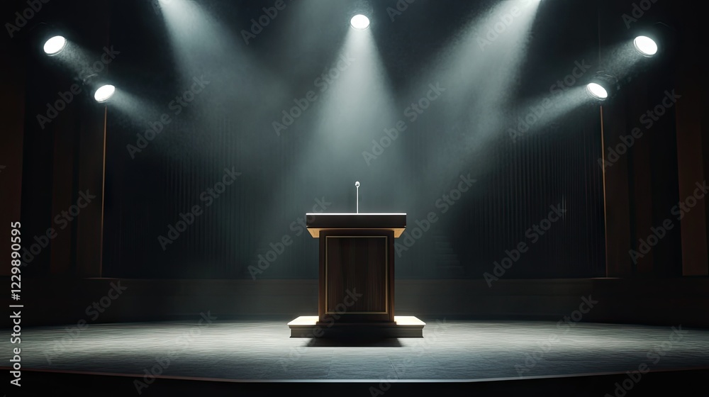 Sticker a cinematic scene with multiple spotlights focusing on an empty podium in a darkened hall.