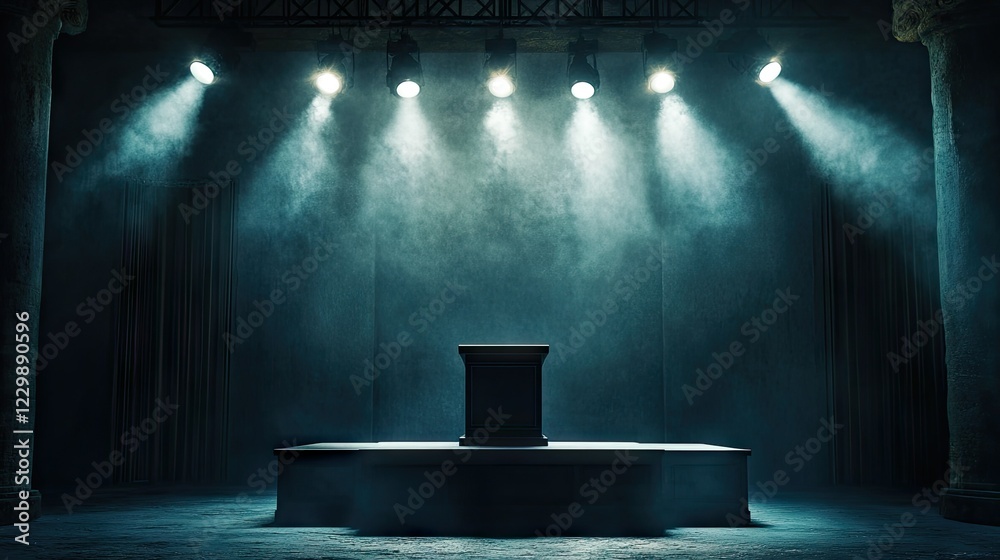 Poster a cinematic scene with multiple spotlights focusing on an empty podium in a darkened hall.