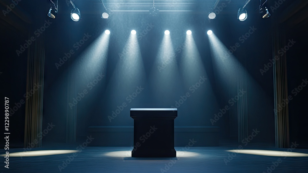 Sticker a cinematic scene with multiple spotlights focusing on an empty podium in a darkened hall.