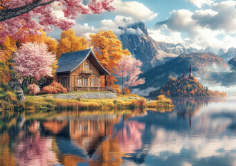 Fototapeta premium A beautiful landscape painting of a traditional East Asian style building on an island surrounded by pink and red trees.