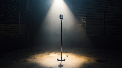 A cinematic studio setup with a single bright spotlight on a lonely microphone stand.