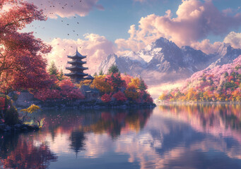 Naklejka premium A beautiful landscape painting of a traditional East Asian style building on an island surrounded by pink and red trees.