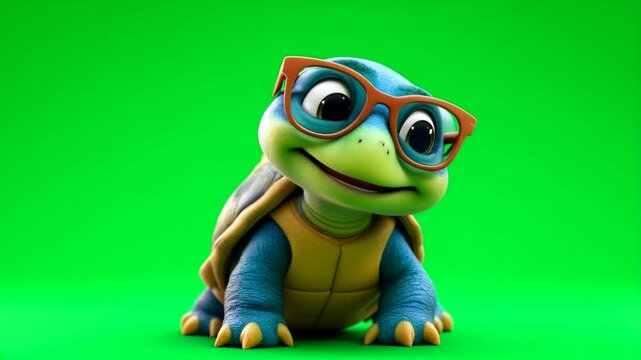 Cute turtle, glasses, green screen, animation, children's book