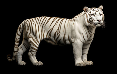 Naklejka premium A white tiger lying on a rock with lush green vegetation in the background.