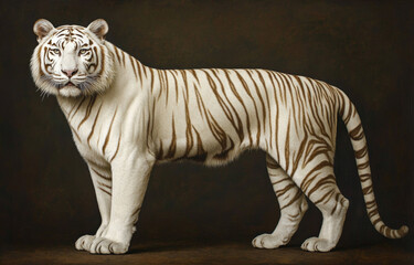 Fototapeta premium A white tiger lying on a rock with lush green vegetation in the background.