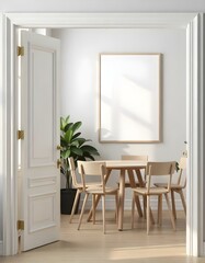 A modern dining area featuring a round wooden table surrounded by four light-colored chairs. A large, empty framed picture hangs on the wall, with sunlight casting shadows.