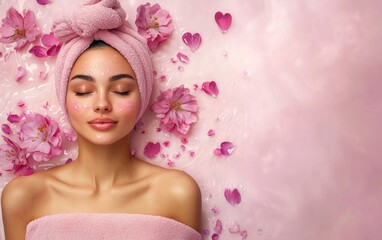 Woman in spa relax Valentines Day and 8 March theme on gradient background
