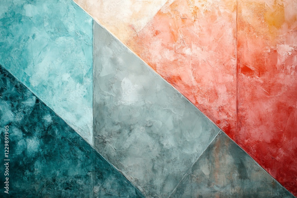 Poster colorful abstract wall design featuring geometric shapes and textured elements in soft hues of blue,