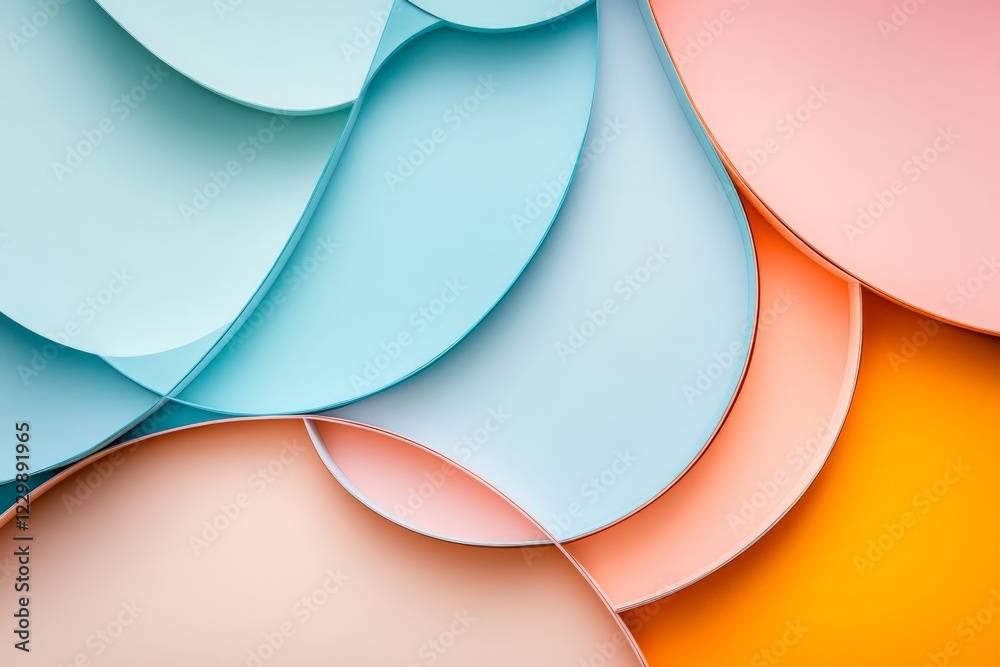 Poster colorful layered paper shapes create a visually striking abstract design in soft pastel tones