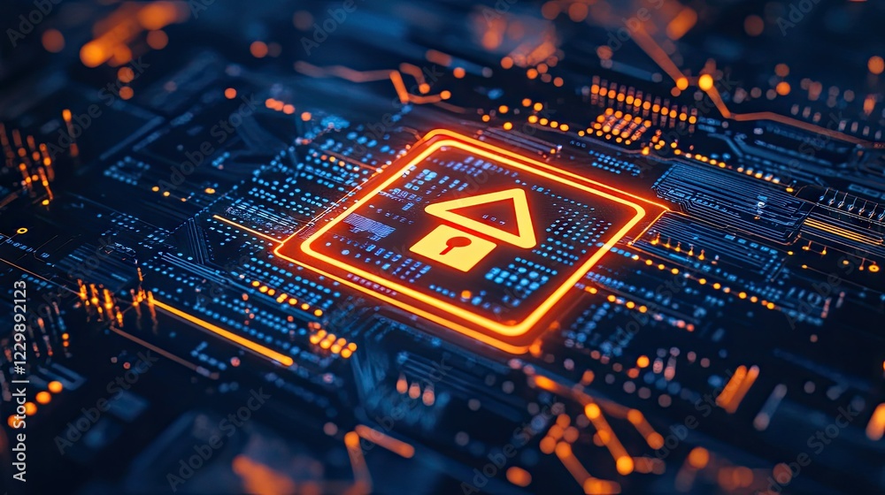 Sticker a circuit board with a flashing caution icon, indicating cybersecurity risk.