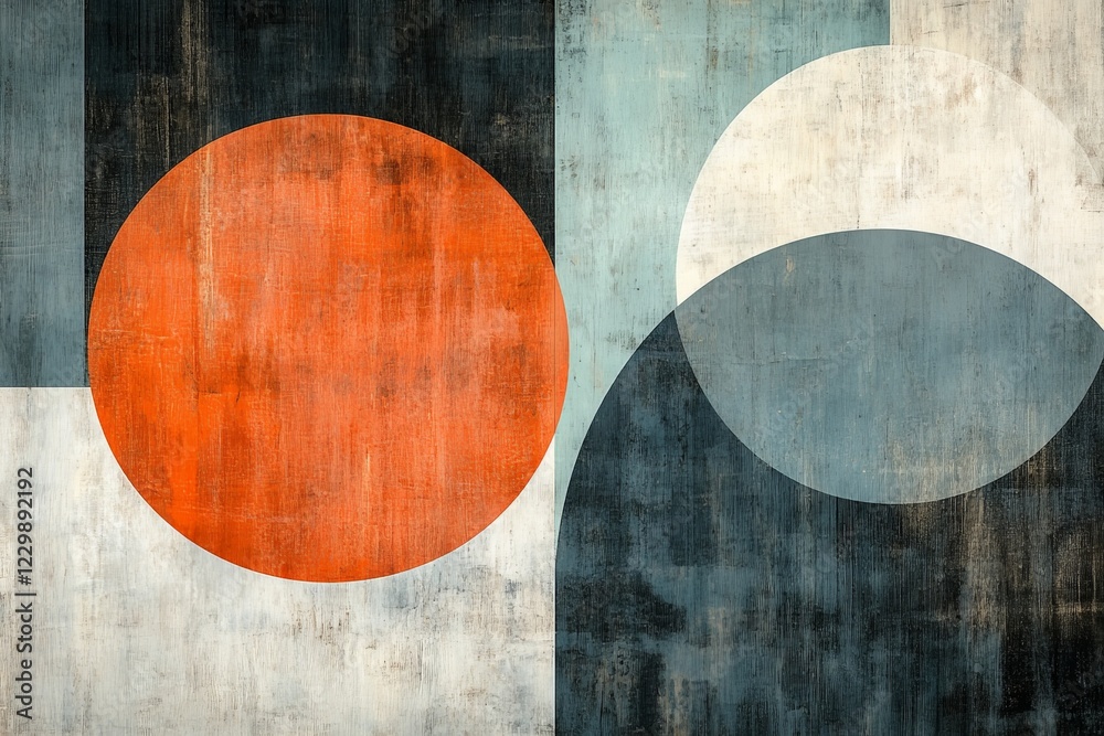 Aufkleber Abstract geometric artwork featuring contrasting colors and shapes with circular forms and textured backgrounds