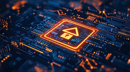 Obraz premium A circuit board with a flashing caution icon, indicating cybersecurity risk.